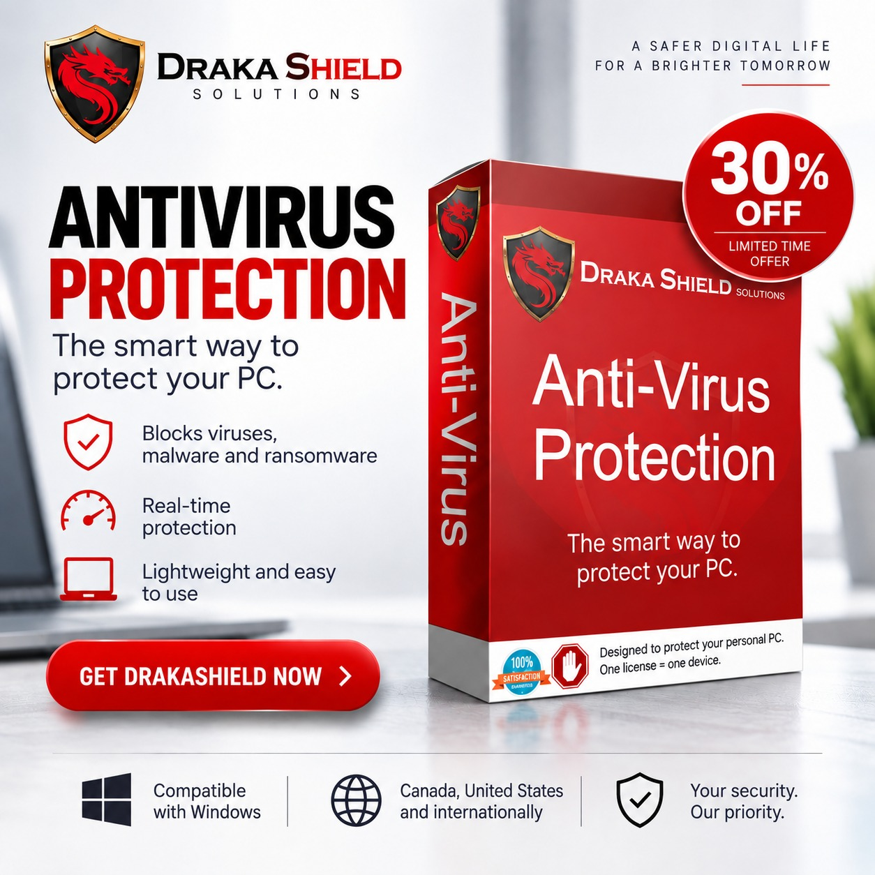 DrakaShield Antivirus for Windows PCs: 30% off, limited-time offer.